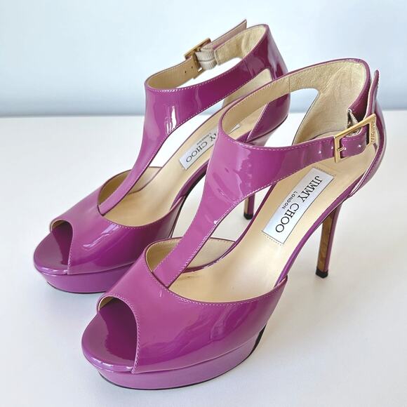 Jimmy Choo Purple Tribe Patent T-Strap Platform Heel Sandal Size 36.5 - Picture 3 of 16